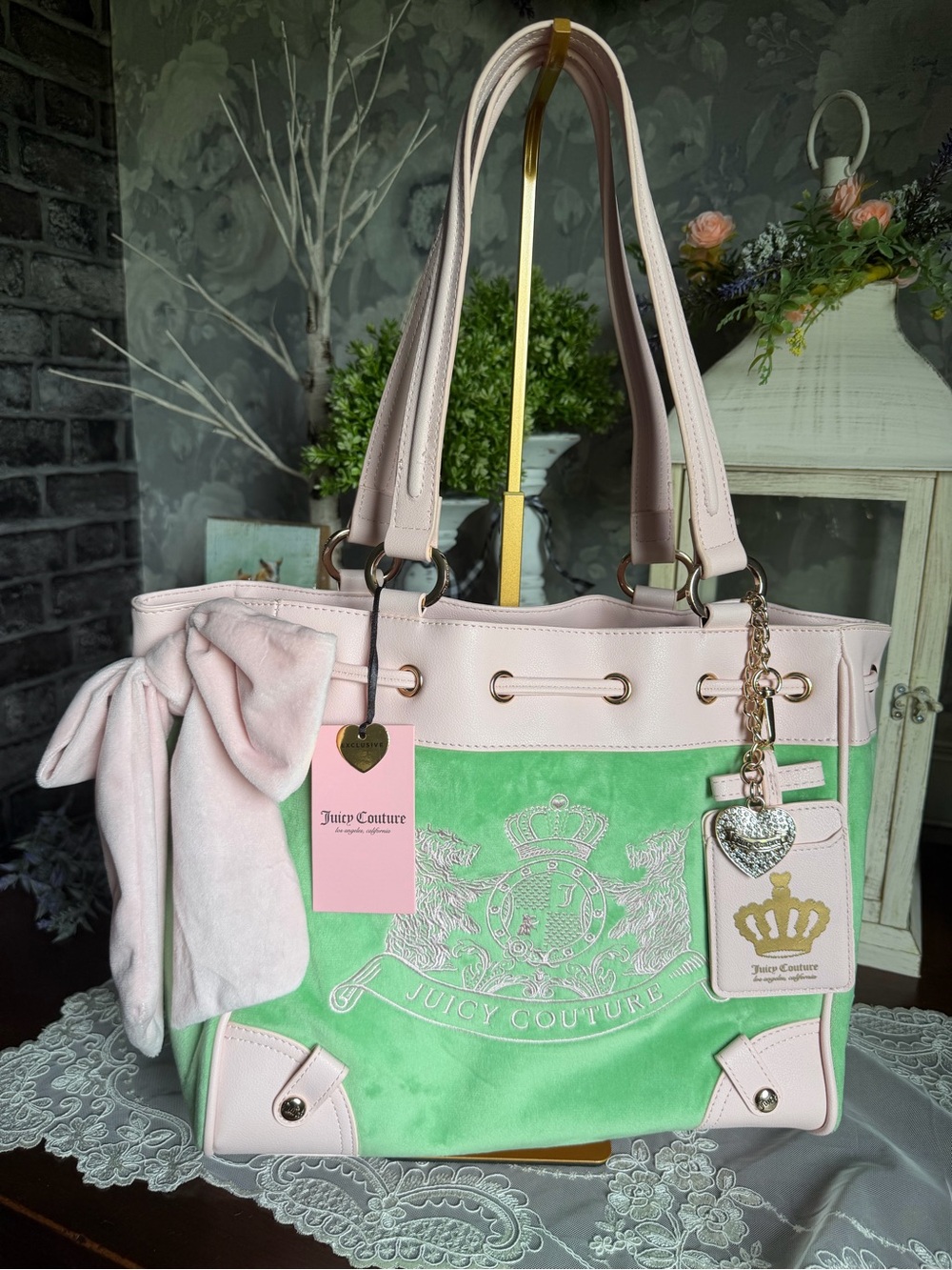 NWT Juicy Couture Classic Scottie Dogs Retro Green Powder Pink Tote Purse